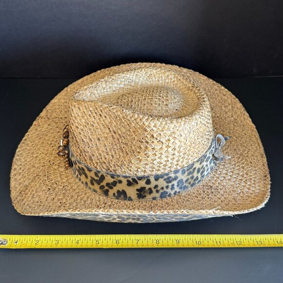 Leopard Print Straw Cowboy Hat With Rhinestone Embellishment & Adjustable Bow De - Picture 13 of 13